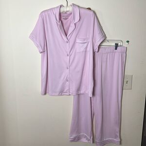 RAE DUNN. XL Pink White Button Notched Collar Short Sleeve Crop Pants PJ Set
